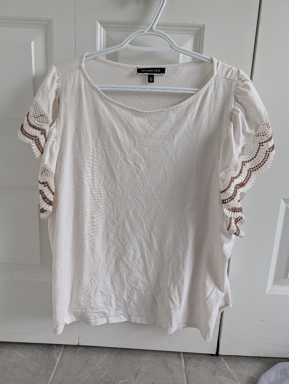 Cream Short Sleeve Top with Crochet Trim